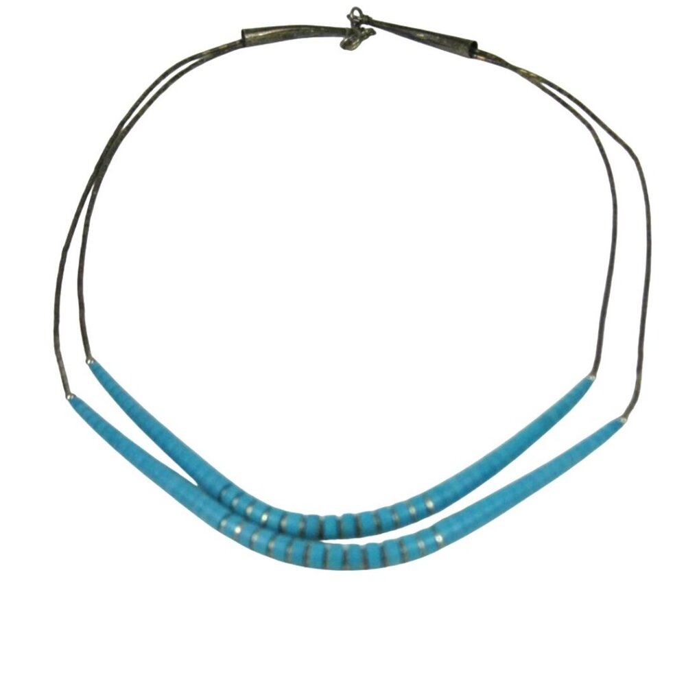 Vintage Silver Turquoise Beaded Strand Necklace Southwestern Heshi 16in Choker